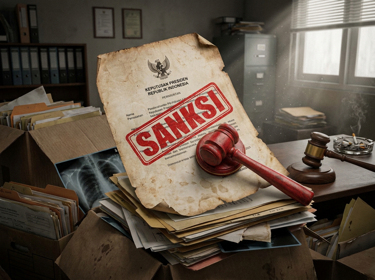 A dramatic visual of a government legal document with a red "SANKSI" stamp over a pile of messy paper medical files