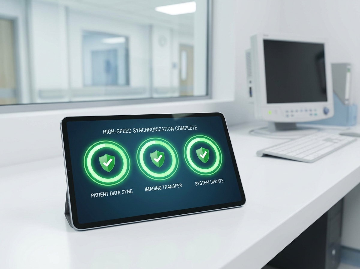 Cara Memilih Aplikasi Klinik Terbaik dengan Fitur API Interoperability A sleek, professional smartphone displaying a clean medical dashboard app